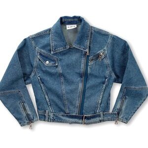 A. Helm Belted Denim Zipper Detail Y2K Moto Biker Jacket Size Extra Small